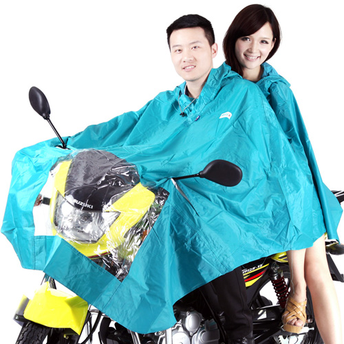 韩版纯色加大加厚摩托车/电动车双人雨衣雨披-湖蓝色（1506）