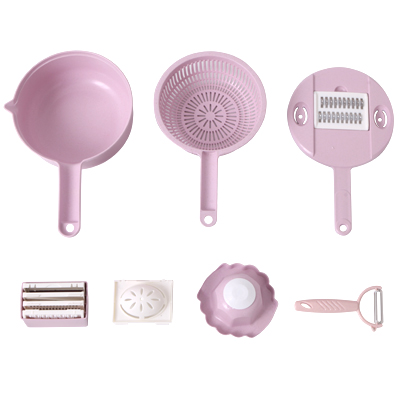 小麦秸秆厨房刨丝器切菜器八合一套装--粉色