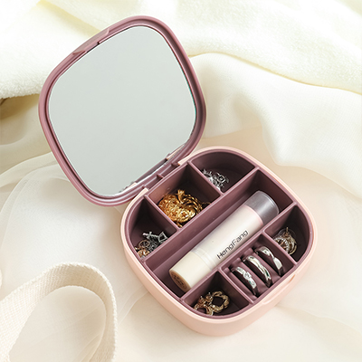 北欧撞色带化妆镜7分格首饰盒 口红耳环戒指收纳盒--粉紫色