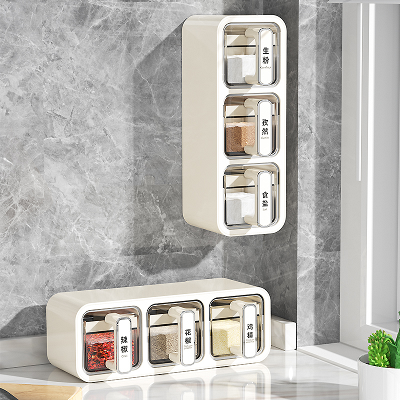 壁挂厨房调味盒 横竖两用透明抽屉带勺密封调料盒 三格--奶白银