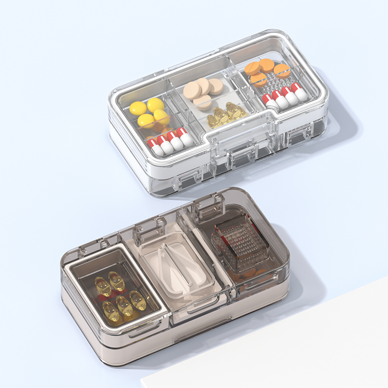 日式双层独立分格便携小药盒 切药研磨储药三合一药盒--黑色