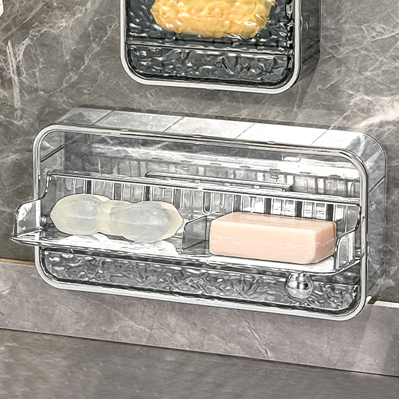 轻奢水波纹壁挂肥皂盒 带沥水抽屉卫浴香皂盒 大号双格--透明银