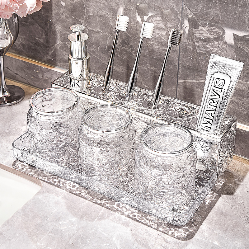 轻奢水波纹桌面牙刷架 多孔浴室置物架 3杯--透明+银色