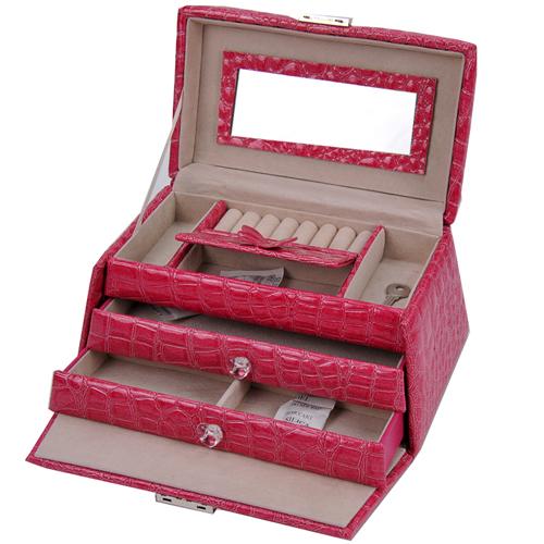 开馨宝梯形高级PU三层大容量首饰盒/饰品收纳盒-玫红色（K8526-2）